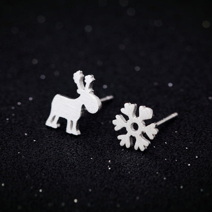 S925 Silver Asymmetric Brushed Elk Pattern Snowflake Stud Earrings-Jewearrings