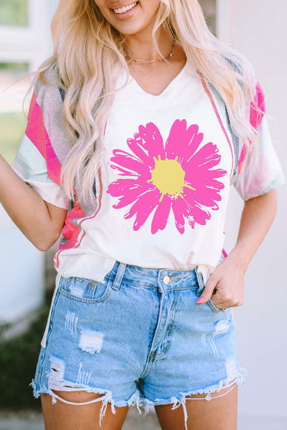 Daisy Graphic V-Neck Half Sleeve T-Shirt-Jewearrings