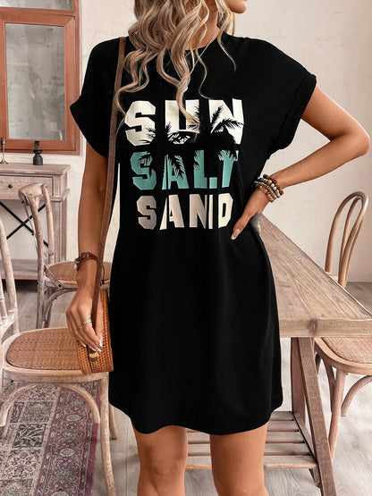 Letter Graphic Round Neck Short Sleeve Mini Tee Dress-Jewearrings