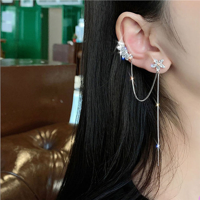 Ins Zircon Long One-piece Tassel Earrings Female Cold Style Flower Stud Earrings Ear Clip-Jewearrings