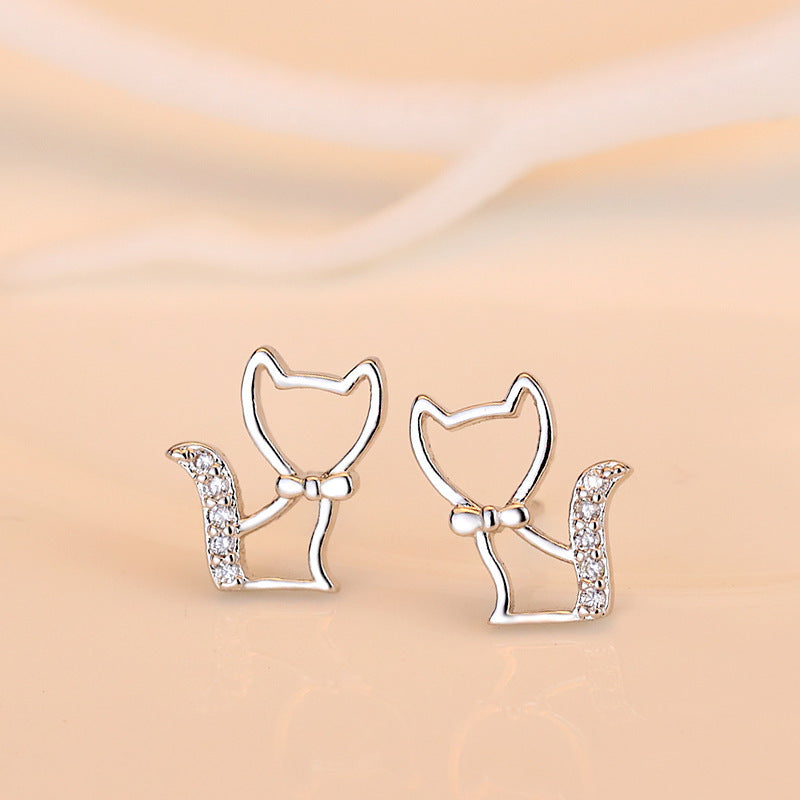 925 Silver Stud Earrings Butterfly Fox Cat Micro Inlaid Shining Zircon Accessories-Jewearrings