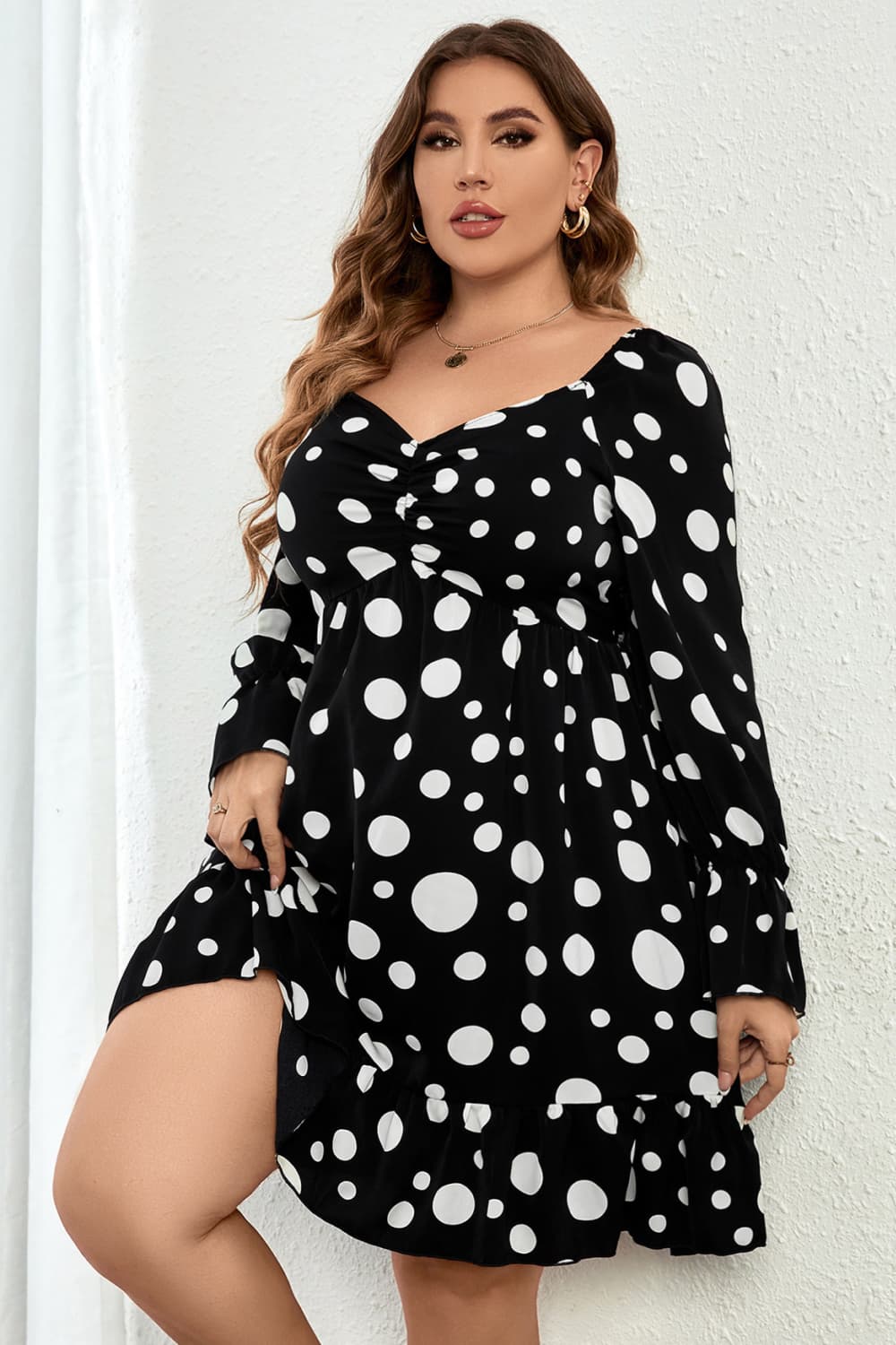 Melo Apparel Plus Size Polka Dot Sweetheart Neck Flounce Sleeve Mini Dress-Jewearrings