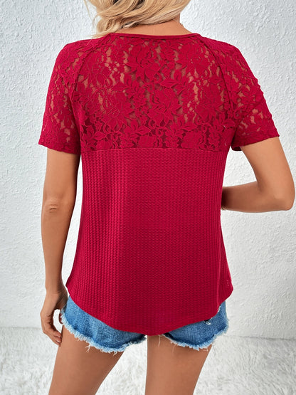 Lace Detail V-Neck Short Sleeve T-Shirt-Jewearrings