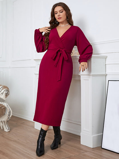 Plus Size Surplice Neck Tie Waist Dress-Jewearrings