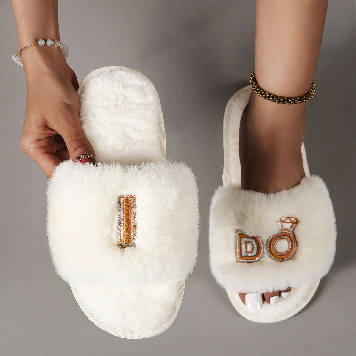 Faux Fur Open Toe Slippers-Jewearrings