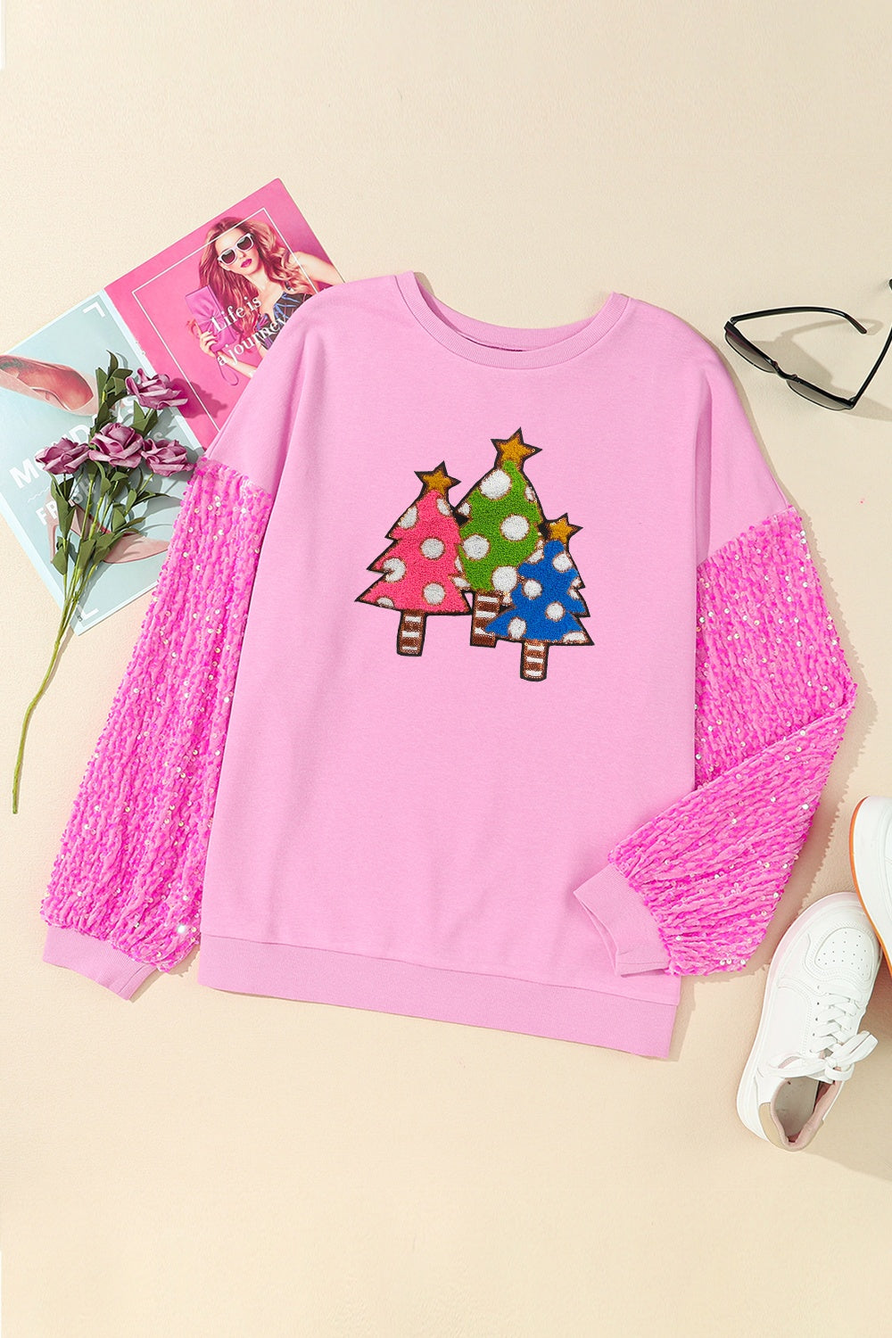 Tree Graphic Sqequin Long Sleeve Sweatshirt-Jewearrings