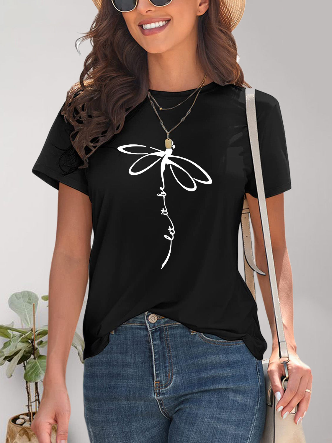 Dragonfly Graphic Round Neck Short Sleeve T-Shirt-Jewearrings