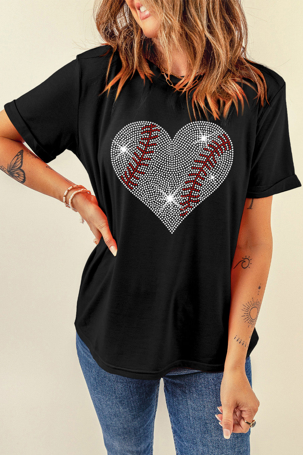 Rhinestone Heart Round Neck Short Sleeve T-Shirt-Jewearrings