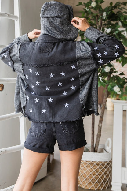 Veveret Star Embroidered Hooded Denim Jacket-Jewearrings