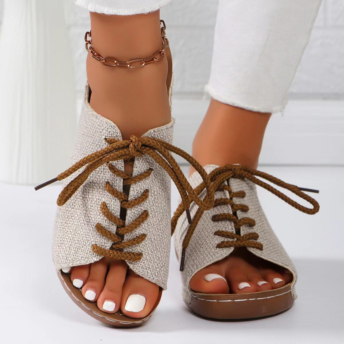 Lace-Up Open Toe Wedge Sandals-Jewearrings