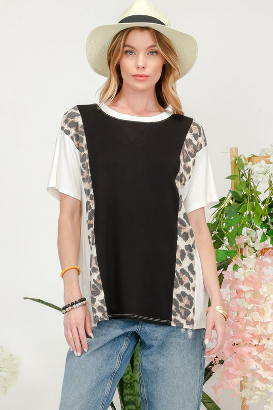 Celeste Full Size Leopard Color Block T-Shirt-Jewearrings