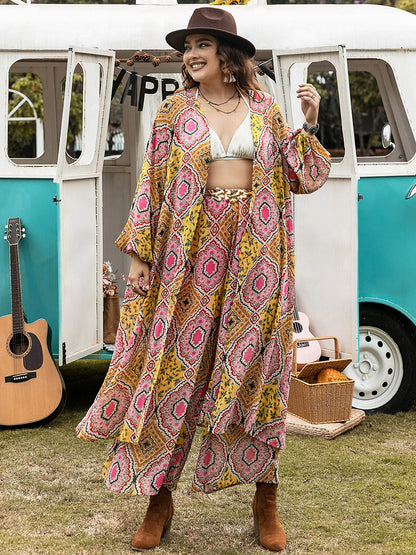 Plus Size Printed Open Front Cover Up and Pants Set-Jewearrings