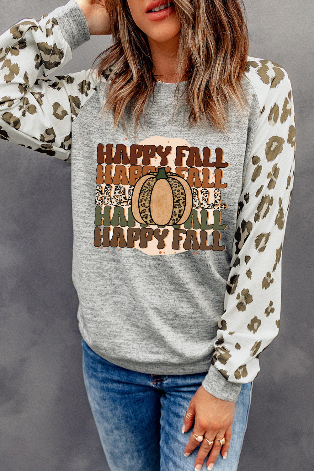 HAPPY FALL Graphic Round Neck Long Sleeve Sweatshirt-Jewearrings