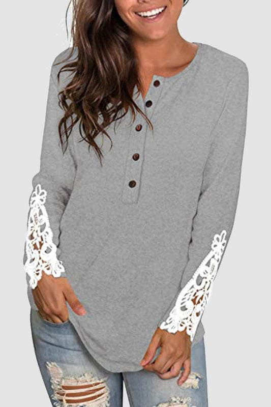 Lace Detail Button Front T-Shirt-Jewearrings