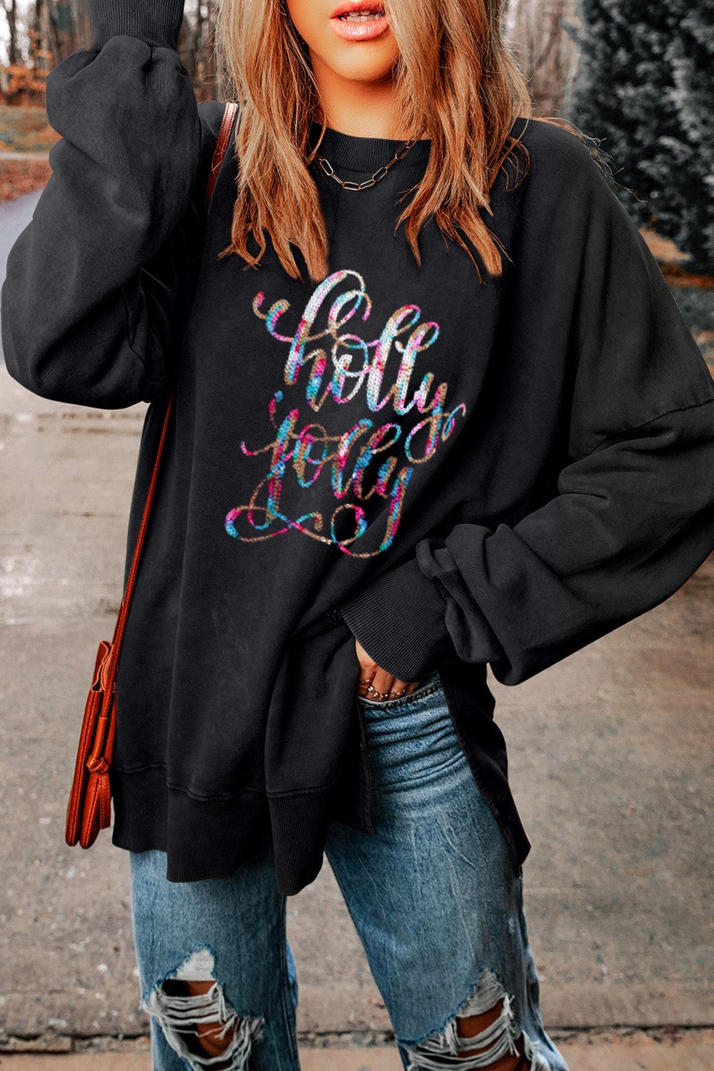 HOLLY JOLLY Sequin Round Neck Long Sleeve Slit Sweatshirt-Jewearrings