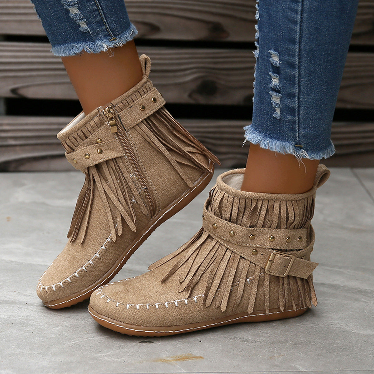 Studded Fringe Round Toe Boots-Jewearrings