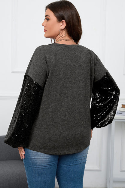 Plus Size Sequin Long Sleeve V-Neck Top-Jewearrings