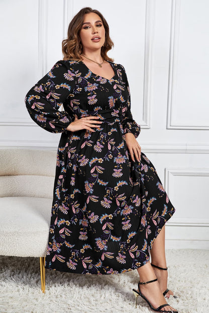 Melo Apparel Plus Size Floral Print Long Sleeve Midi Dress-Jewearrings