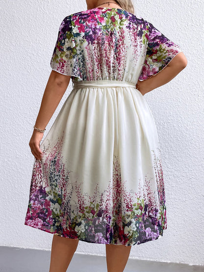 Plus Size Floral Tie Waist Surplice Neck Dress-Jewearrings