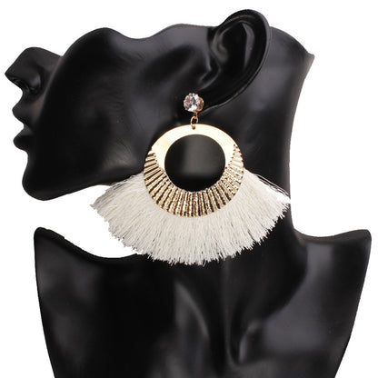 Women's Fringed Fan-shaped Gold Earrings With Rhinestones-Jewearrings