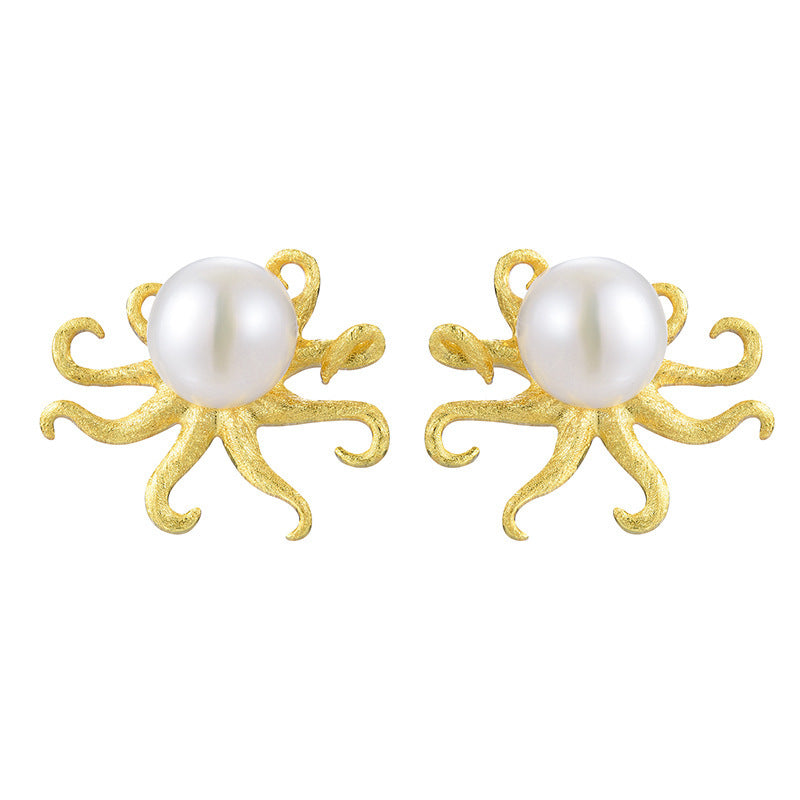 Personality Creative Female S925 Silver Pearl Octopus Stud Earrings-Jewearrings