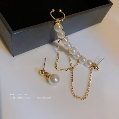 Silver Needle Asymmetric Pearl Tassel Earrings Ear Bone Clamp-Jewearrings