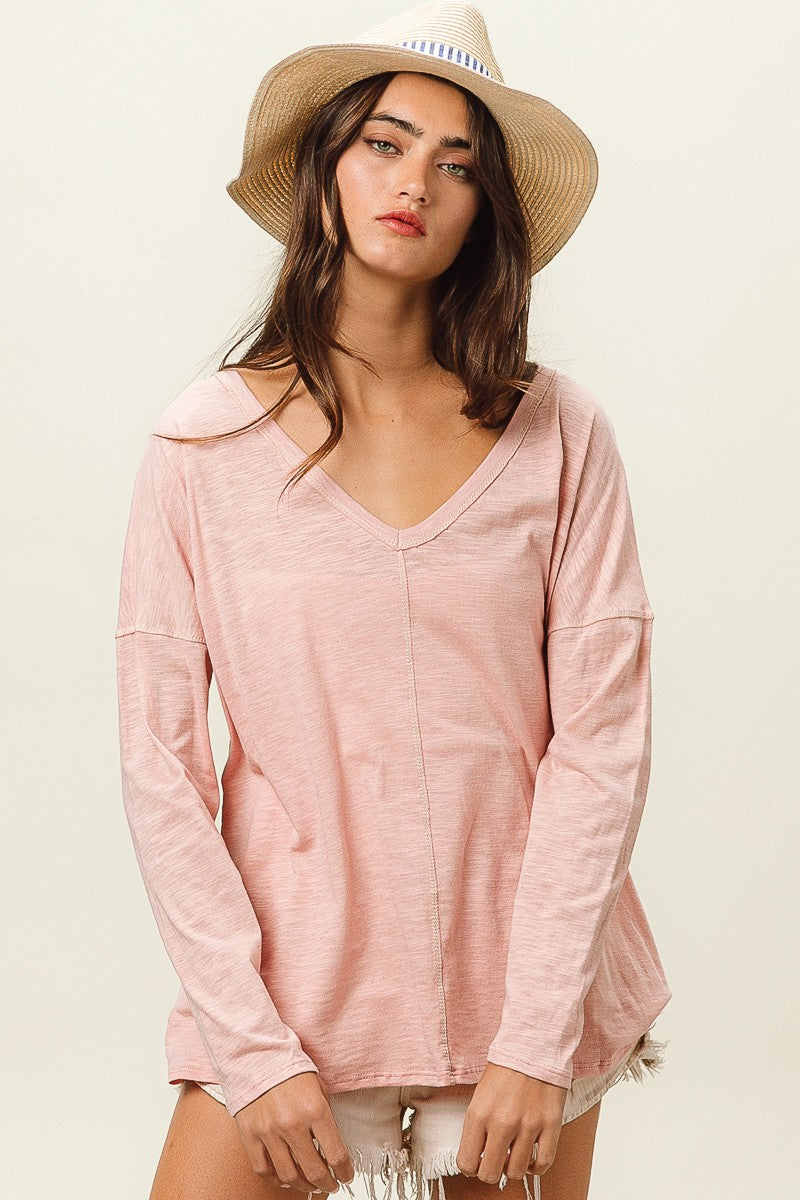 BiBi Exposed Seam V-Neck Long Sleeve T-Shirt-Jewearrings