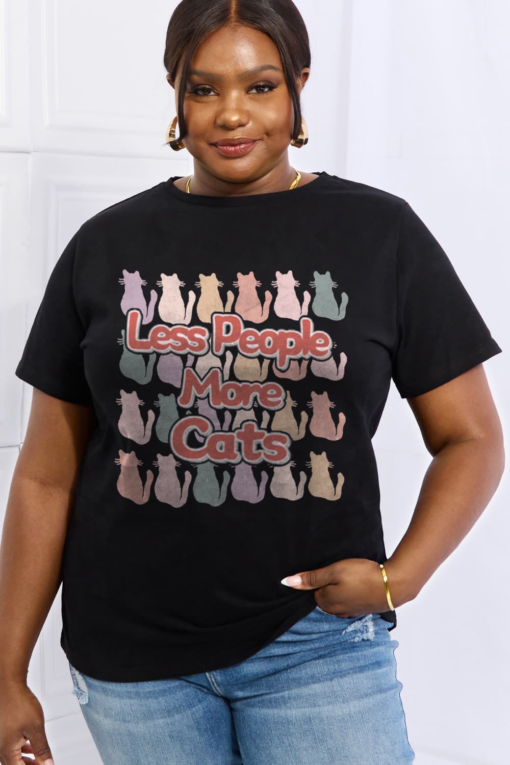 Simply Love Full Size LESS PEOPLE MORE CATS Graphic Cotton Tee-Jewearrings