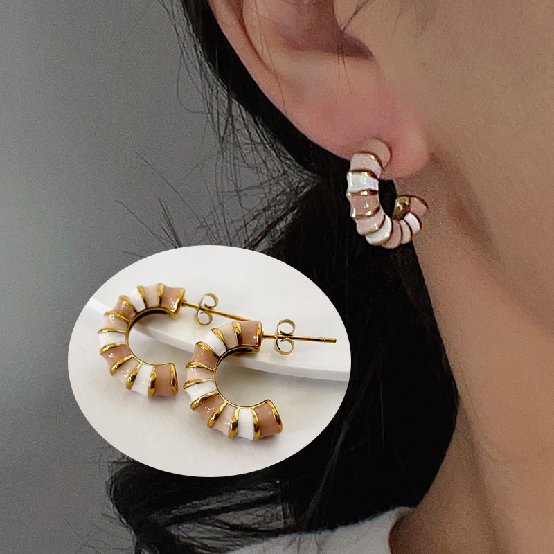 Enamel Drip Glazed Color C- Shaped Bamboo Stud Earrings-Jewearrings