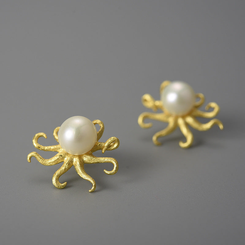 Personality Creative Female S925 Silver Pearl Octopus Stud Earrings-Jewearrings