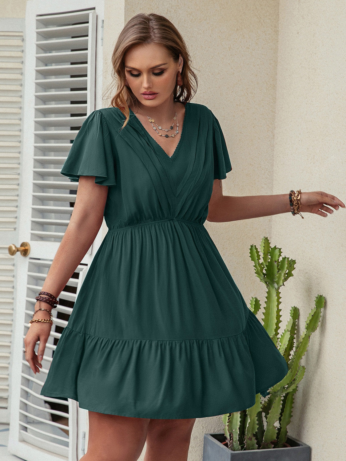 Plus Size Ruffle Hem V-Neck Short Sleeve Dress-Jewearrings