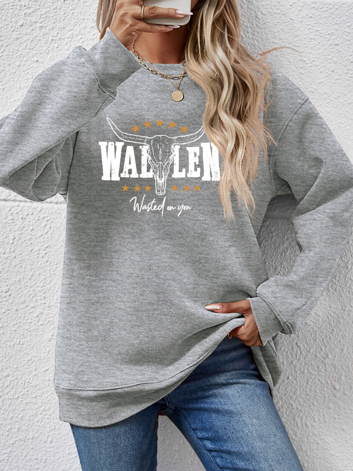 Graphic Round Neck Dropped Shoulder Sweatshirt-Jewearrings