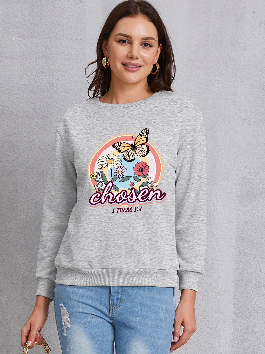 Butterfly Round Neck Dropped Shoulder Sweatshirt-Jewearrings