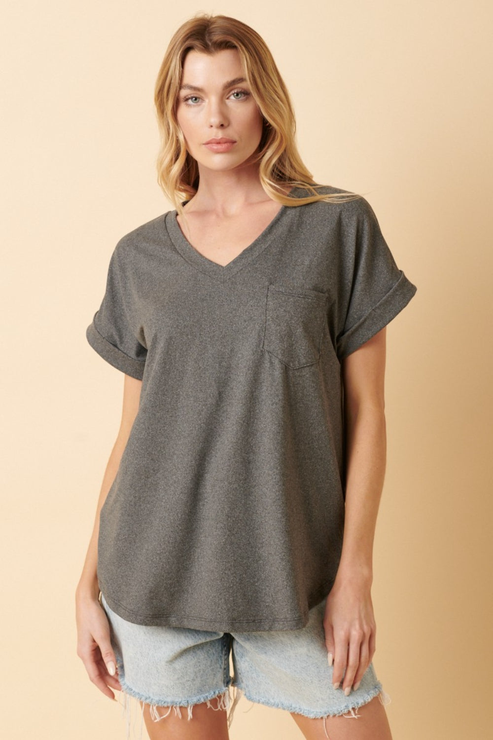 Mittoshop Full Size V-Neck Rolled Short Sleeve T-Shirt-Jewearrings