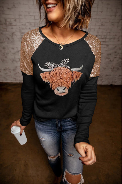 Contrast Sequin Animal Graphic Round Neck Top-Jewearrings