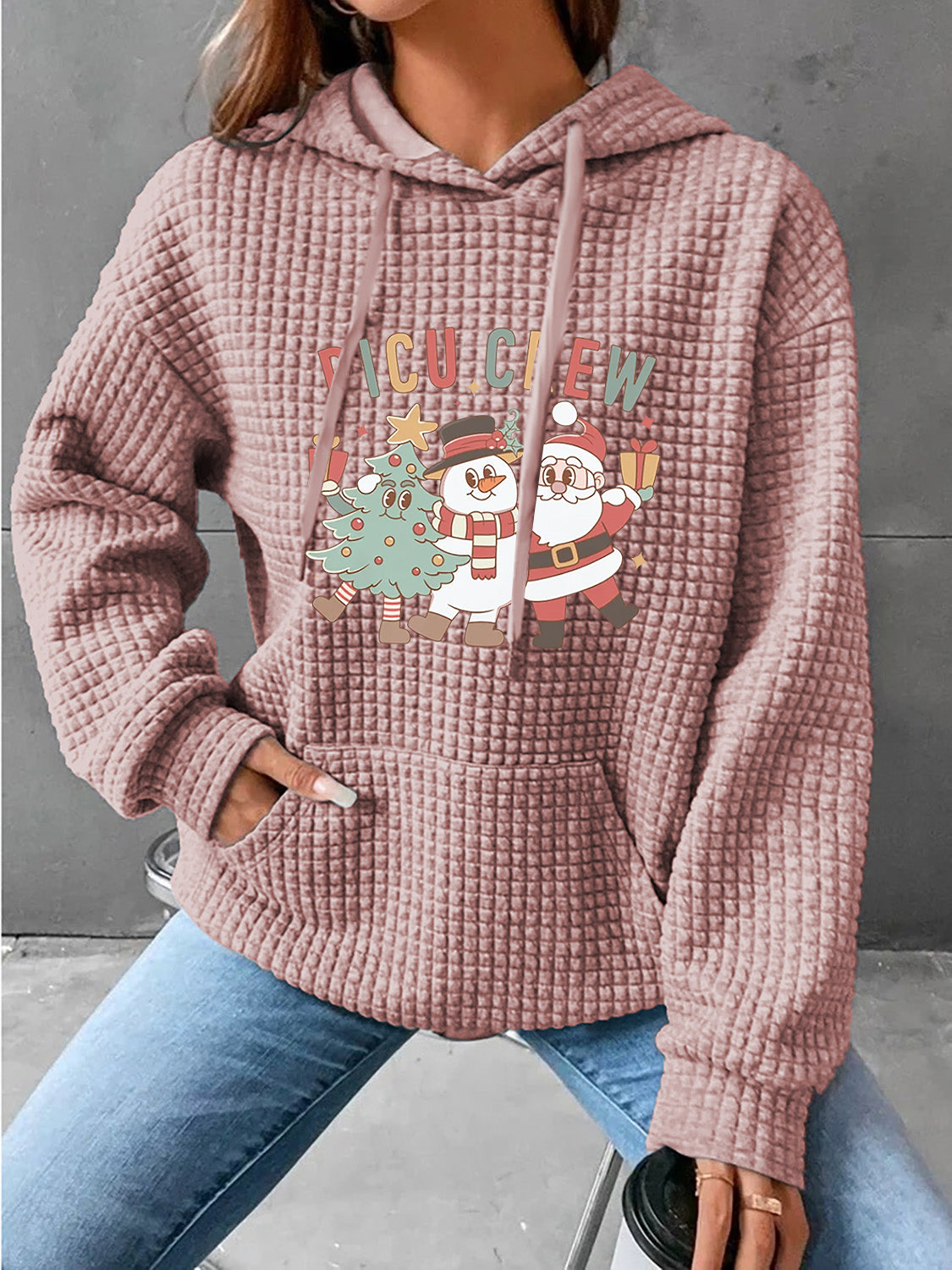 Full Size Waffle-Knit Drawstring Hoodie with Pocket-Jewearrings