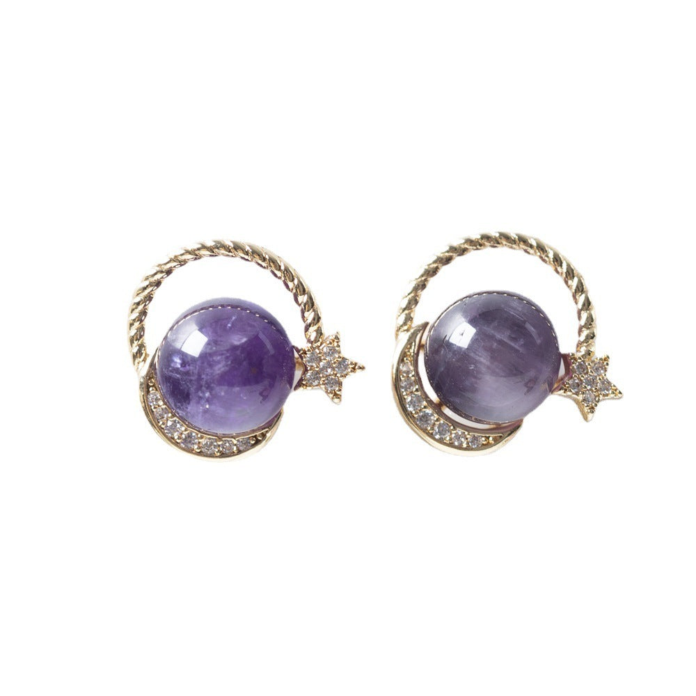 Vintage Star Moon Natural Amethyst Earrings 925 Silver Needle-Jewearrings