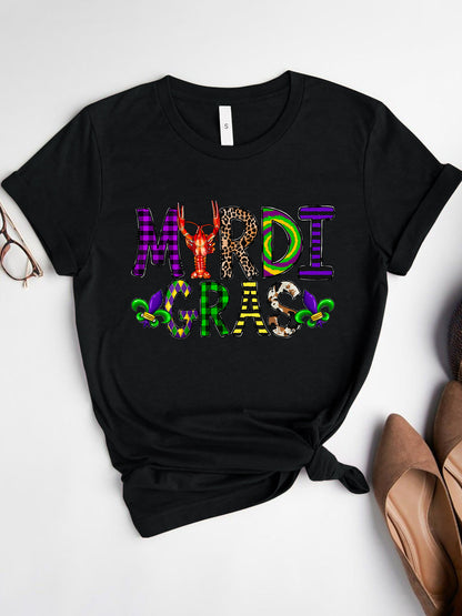 MARDI GRAS Round Neck Short Sleeve T-Shirt-Jewearrings