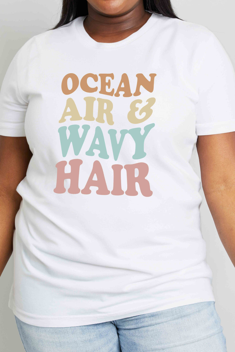 Simply Love Full Size OCEAN AIR & WAVY HAIR Graphic Cotton T-Shirt-Jewearrings