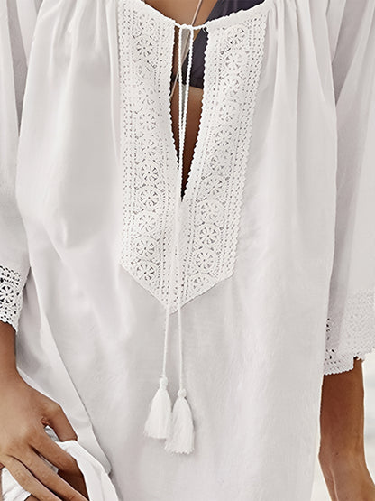 Lace Detail Tie Neck Three-Quarter Sleeve Cover Up-Jewearrings