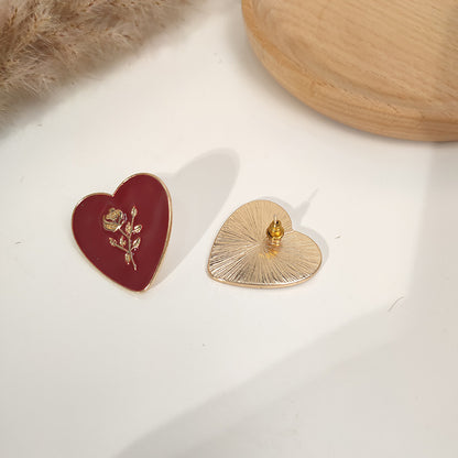 Silver Needle Retro Red Peach Heart Stud Earrings New-Jewearrings