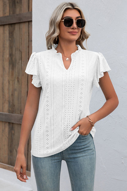 Eyelet Notched Flutter Sleeve T-Shirt-Jewearrings