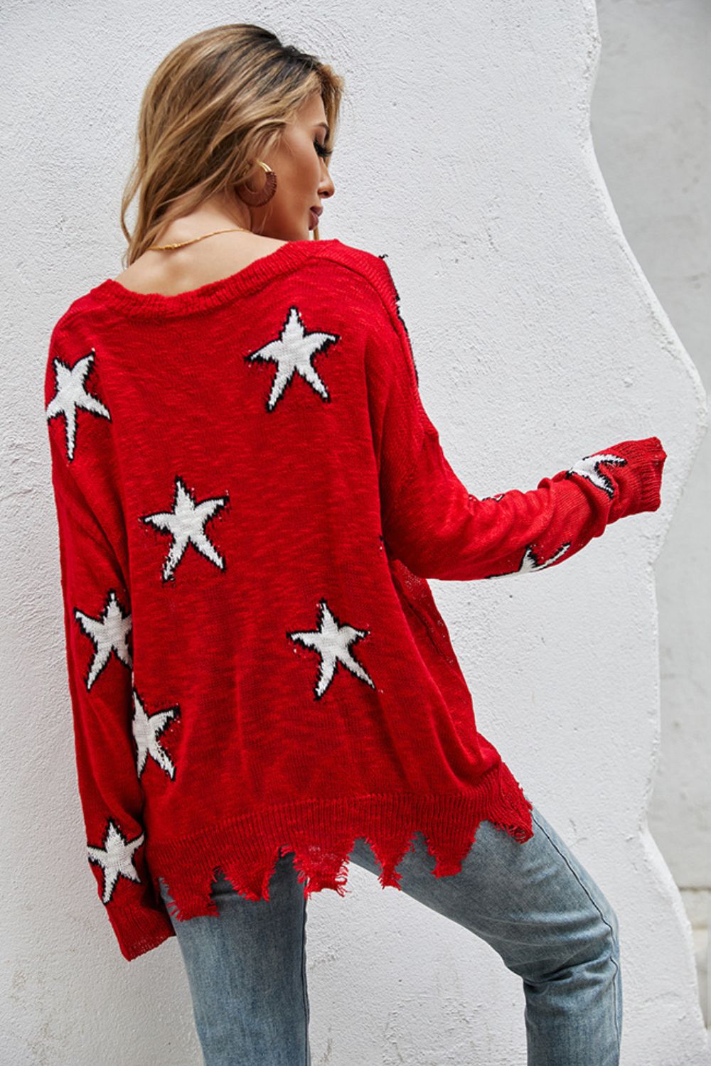 Star Pattern Distressed Sweater-Jewearrings