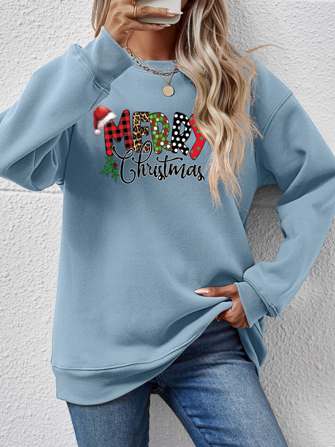 MERRY CHRISTMAS Round Neck Dropped Shoulder Sweatshirt-Jewearrings