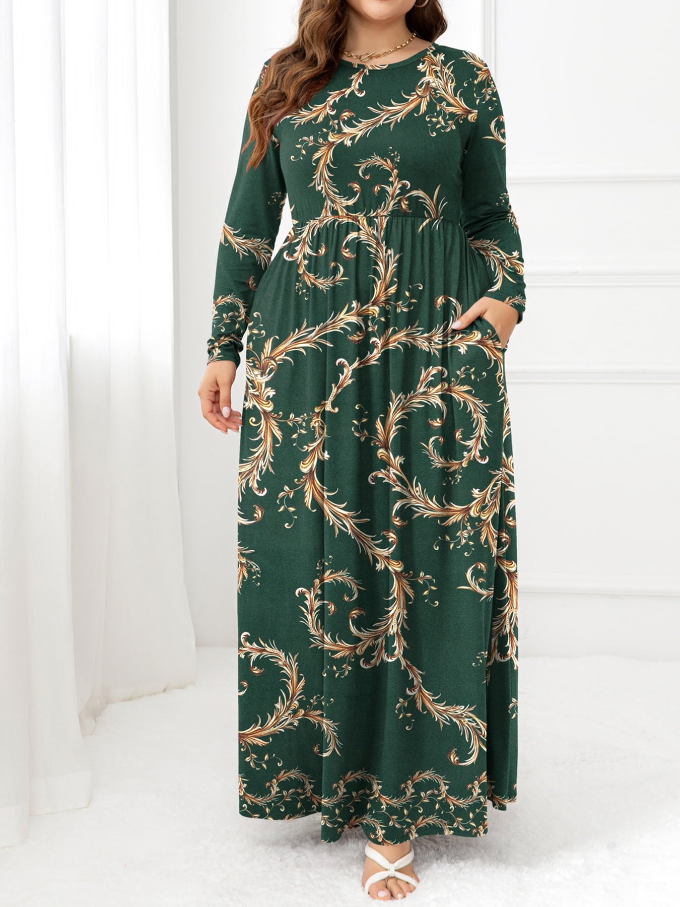 Plus Size Round Neck Maxi Dress with Pockets-Jewearrings