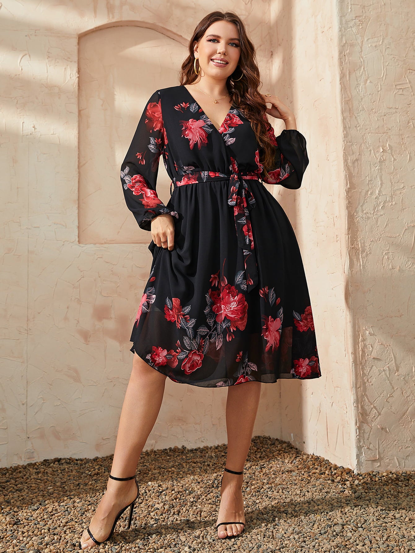 Plus Size Floral Surplice Neck Tie Waist Dress-Jewearrings