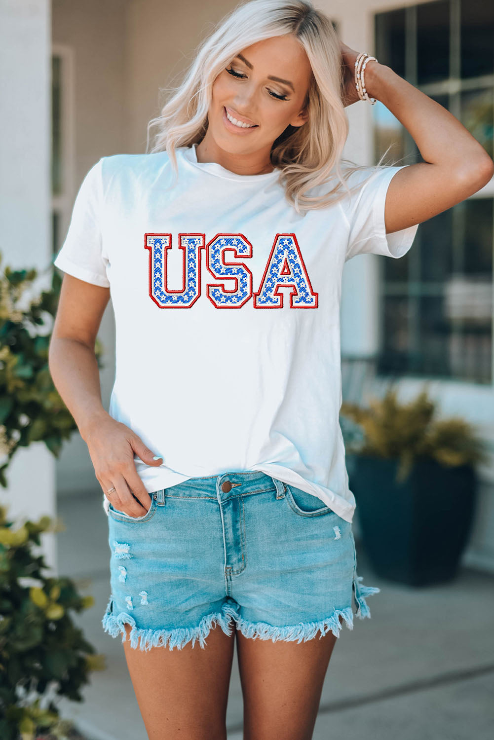 USA Graphic Embroidered Round Neck T-Shirt-Jewearrings