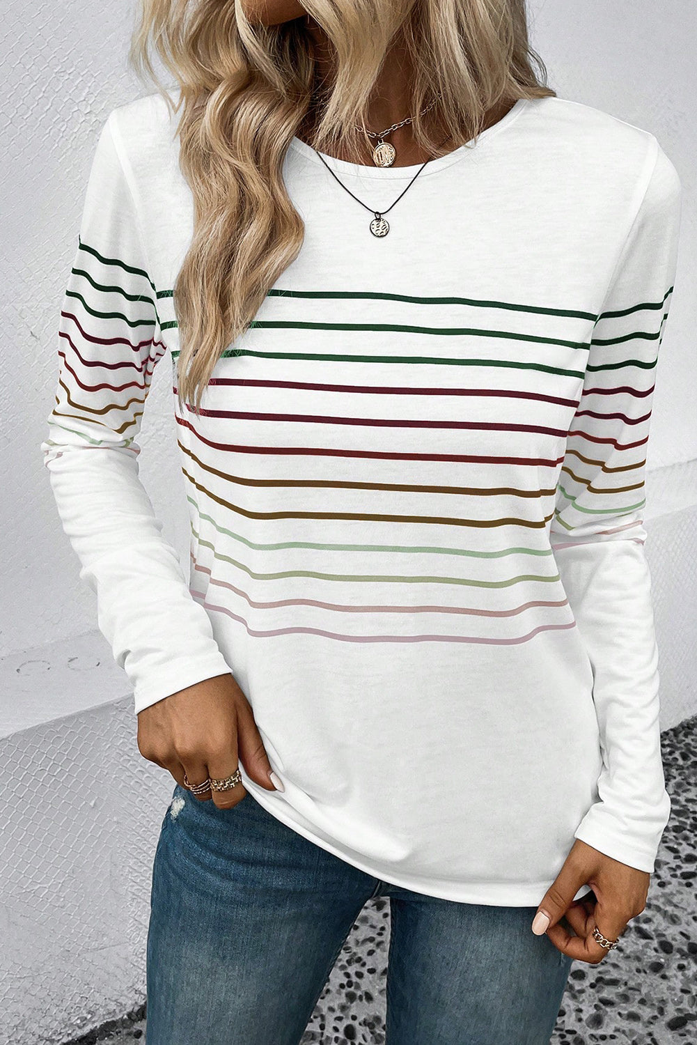 Striped Round Neck Long Sleeve T-Shirt-Jewearrings