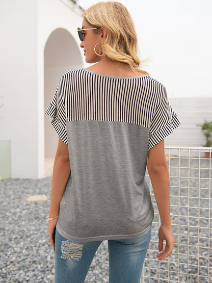 Striped V-Neck Short Sleeve T-Shirt-Jewearrings