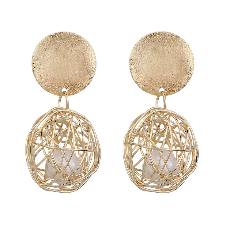 Vintage Geometric Earrings Simple Woven Ball Pearl Stud Earrings-Jewearrings